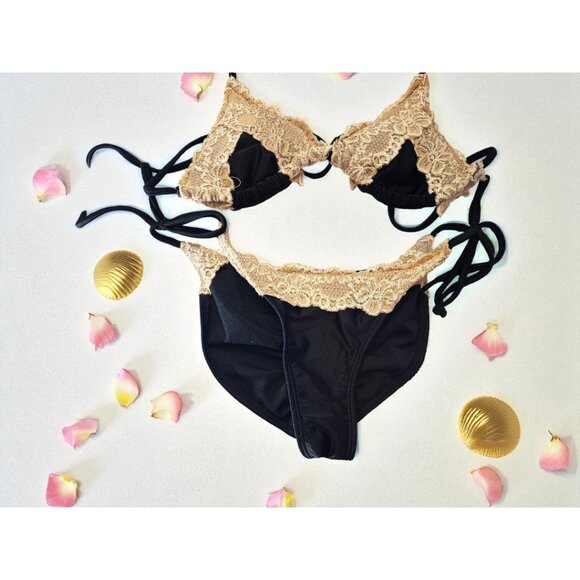 Beach Joy Bikini – Black with Pink Lace –Size Med –Triangle Top & Scrunch Bottom - Picture 2 of 6